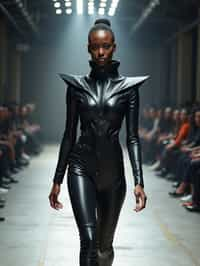 front view of woman walking on a fashion runway in an industrial space, showcasing a futuristic outfit with sharp lines