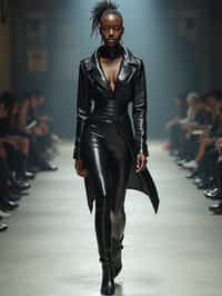 front view of woman walking on a fashion runway in an industrial space, showcasing a futuristic outfit with sharp lines