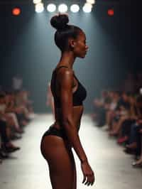 side view of woman striding confidently down a fashion runway in bikini, surrounded by flashing camera lights.