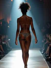 side view of woman striding confidently down a fashion runway in bikini, surrounded by flashing camera lights.