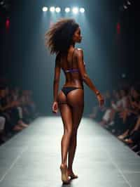 side view of woman striding confidently down a fashion runway in bikini, surrounded by flashing camera lights.