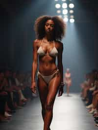 side view of woman striding confidently down a fashion runway in bikini, surrounded by flashing camera lights.