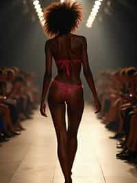 back view of woman striding confidently down a fashion runway in bikini, captured mid-twirl, surrounded by flashing camera lights.