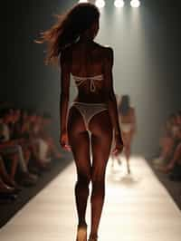 back view of woman striding confidently down a fashion runway in bikini, captured mid-twirl, surrounded by flashing camera lights.