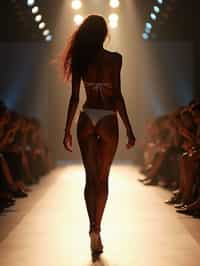 back view of woman striding confidently down a fashion runway in bikini, captured mid-twirl, surrounded by flashing camera lights.