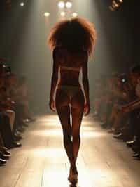 back view of woman striding confidently down a fashion runway in bikini, captured mid-twirl, surrounded by flashing camera lights.