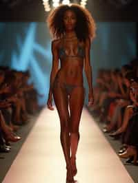 front view of woman striding confidently down a fashion runway in bikini, surrounded by flashing camera lights.