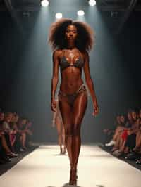 front view of woman striding confidently down a fashion runway in bikini, surrounded by flashing camera lights.