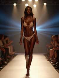 front view of woman striding confidently down a fashion runway in bikini, surrounded by flashing camera lights.