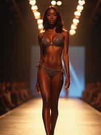 front view of woman striding confidently down a fashion runway in bikini, surrounded by flashing camera lights.