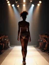 back view of woman striding confidently down a fashion runway, surrounded by flashing camera lights.