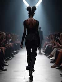 back view of woman striding confidently down a fashion runway, surrounded by flashing camera lights.