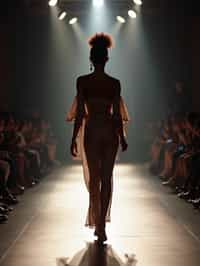 back view of woman striding confidently down a fashion runway, surrounded by flashing camera lights.