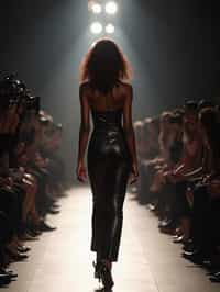 back view of woman striding confidently down a fashion runway, surrounded by flashing camera lights.