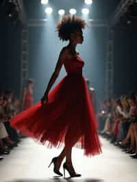 side view of woman striding confidently down a fashion runway, captured mid-twirl, surrounded by flashing camera lights.