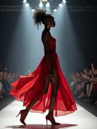 side view of woman striding confidently down a fashion runway, captured mid-twirl, surrounded by flashing camera lights.