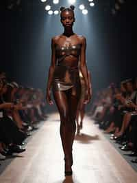 front view of woman striding confidently down a fashion runway, surrounded by flashing camera lights.