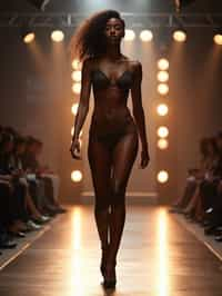 front view of woman striding confidently down a fashion runway, surrounded by flashing camera lights.