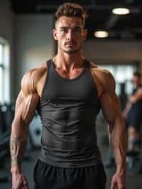 a fit man as fitness influencer wearing gym outfit in the bodybuilding gym