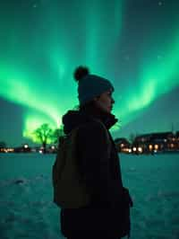 woman as digital nomad in Reykjavik with the Northern Lights in the background