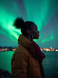 woman as digital nomad in Reykjavik with the Northern Lights in the background