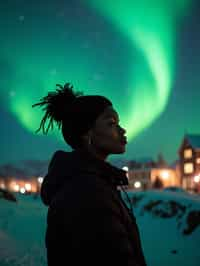 woman as digital nomad in Reykjavik with the Northern Lights in the background