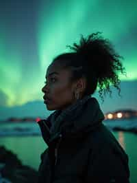 woman as digital nomad in Reykjavik with the Northern Lights in the background