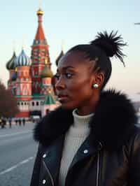 woman as digital nomad in Moscow with the Kremlin in the background