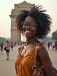 woman as digital nomad in Delhi with the India Gate in the background