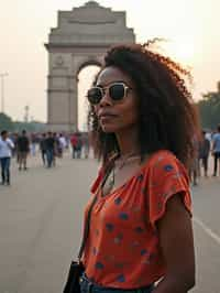 woman as digital nomad in Delhi with the India Gate in the background