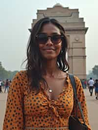 woman as digital nomad in Delhi with the India Gate in the background