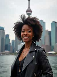 woman as digital nomad in Toronto with the CN Tower in the background