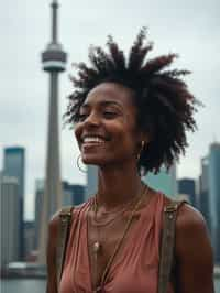 woman as digital nomad in Toronto with the CN Tower in the background