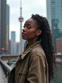 woman as digital nomad in Toronto with the CN Tower in the background