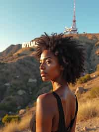 woman as digital nomad in Los Angeles with the Hollywood sign in the background