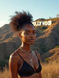 woman as digital nomad in Los Angeles with the Hollywood sign in the background