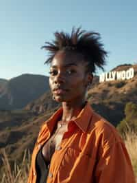 woman as digital nomad in Los Angeles with the Hollywood sign in the background