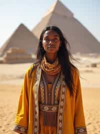 woman as digital nomad in Cairo with the Pyramids of Giza in the background