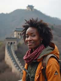 woman as digital nomad in Beijing with the Great Wall in the background