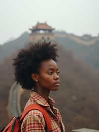 woman as digital nomad in Beijing with the Great Wall in the background