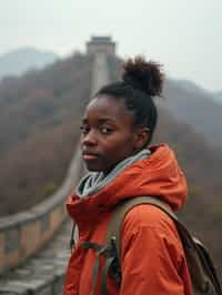 woman as digital nomad in Beijing with the Great Wall in the background