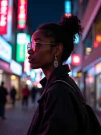 woman as digital nomad in Tokyo at night with neon lights