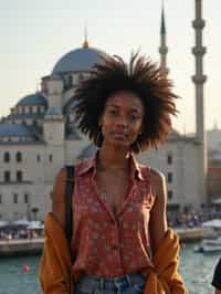 woman as digital nomad in Istanbul with The Mosque in background