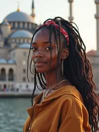 woman as digital nomad in Istanbul with The Mosque in background