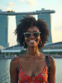 woman as digital nomad in Singapore with Marina Bay Sands in background