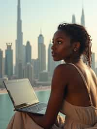 woman as digital nomad in Dubai with skyline in background