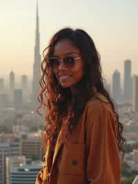 woman as digital nomad in Dubai with skyline in background