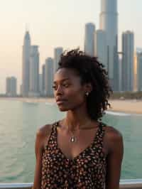 woman as digital nomad in Dubai with skyline in background