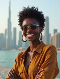 woman as digital nomad in Dubai with skyline in background