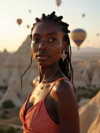 Breathtakingly woman as digital nomad with hot air balloons in the background in cappadocia, Türkiye. Cappadocia, Turkey